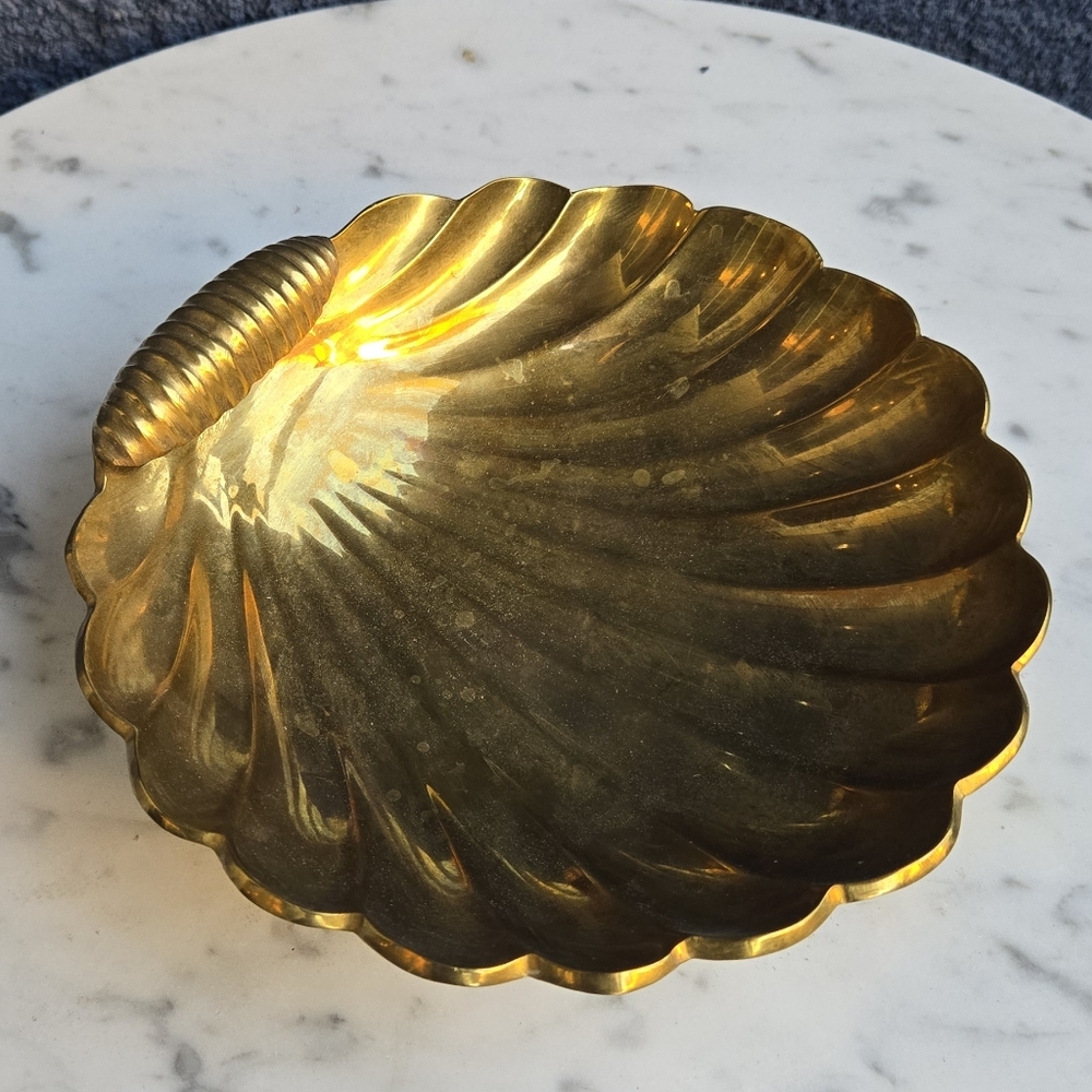 Vintage Solid Brass Seashell 3 Footed Trinket Dish